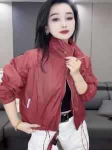 Elegant Red Wine Color Summer 2025 Womens Casual Stand Collar Short Length Sun Protection Coat with Drawstring Fashionable Outerwear