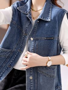 Brand Discount Denim Vest Womens Casual Workwear Jacket Loose Fit Lightweight Age-Defying Fashion Summer Polo Collar Single Button