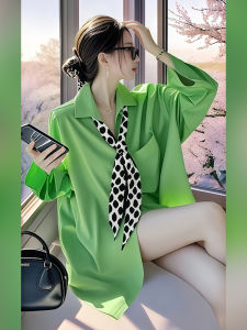 Loose Green Long Sleeve Polo Neck Shirt Womens Style Autumn New Dopaamine French High-End Feeling Top Korean Version Commute Wind