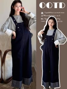 Maternity Set Fashion Comfort Fall Winter Sweatshirt Lace Patchwork Top Jeans Jumpsuit