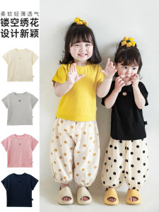 Lightweight Breathable Cartoon Cat T-Shirt for Girls Summer New Style Hollow out Short Sleeve Pure Color Versatile Kids Clothing