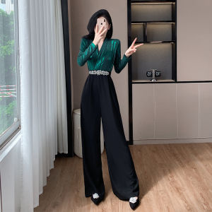 Elegant Long Sleeve V-Neck One-Piece Diamond Embellished Wide Leg Pants High Waist Trousers Luxury Fashion Commute Wear