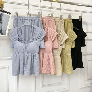Sweet All-Matching Square Collar Little-Girl Style Clothes Ruffle Top + Elastic High Waist Slimming Wide Leg Shorts Two-piece Set Womens Clothing