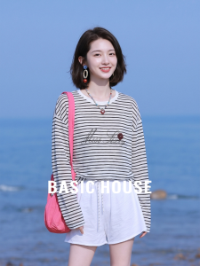 Basic House | Color Block Striped Linen Blend Printed Long Sleeve Womens T-shirt