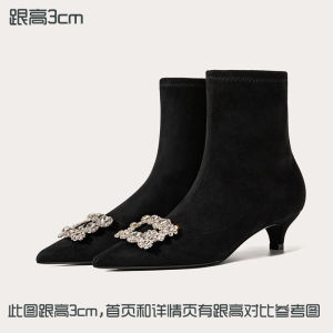 Lily Wei Black Crystal Short Boots Fleece Lined Slim Heel Pointed Toe Rhinestone High Heels Large Size 41-43 Fashion Boots