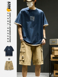 SZON | Casual Outfit Mens Fashionable Two-Piece T-Shirt Matching Japanese Style Work Pants Summer Outfit