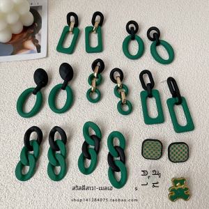 ย้อนยุค สีเขียว ต่างหูโซ่อะคริลิคสี ทันสมัย กระดุมห้อยพู่ ผู้หญิง มีสไตล์ เครื่องประดับลายเรขาคณิตบล็อกสี