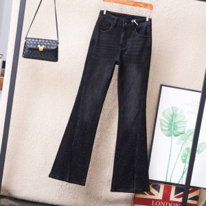 High Waist Black Slit Bell Bottom Denim Jeans Womens Slimming Heavy Duty Rhinestone Long Pants Autumn New Arrival