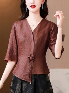 Red Cloud Silk Shirt Short Sleeve Womens Fashion Versatile Summer Mommys Clothing Asymmetrical Waist-Cinching Top
