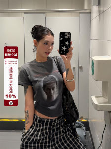 Slim Fit Short Sleeve T-Shirt Womens Summer American Style Retro Versatile Print Top Breathable Moisture Wicking round Neck