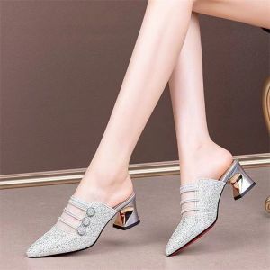 Breathable Mesh Head Cover Slippers with Water Diamonds Coarse Heel Summer New Style Half Slippers Korean Version Hollow out Design