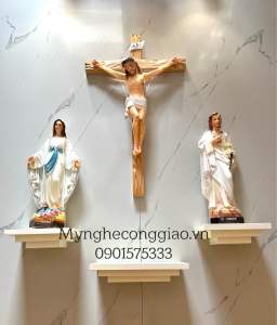 Bàn thờ thiên chúa bệ vuông bằng gỗ sồi phun trắng đơn giản ( chưa bao gồm tượng)