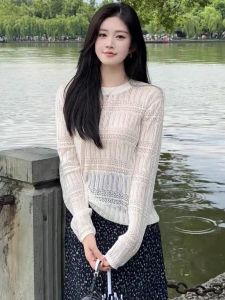 WANGGONGZHU | Loose Fit Long Sleeve Ice Silk Knitted Top Hollow Out Thin Style Korean Fashion Princess Soft Comfortable Summer Sunshade Shirt