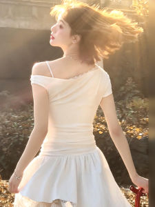 QINWEIYU | Date Night Short Lace Dress Irregular Shoulder Design Sweet Style High Waist A-Line Skirt Summer New Arrivals For Young Women