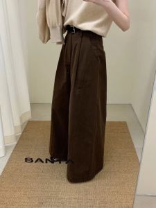 Early Autumn 2024 Retro Brown High Waist Wide Leg Casual Pants Women Loose Belt Versatile Simple Long Trousers