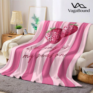BILIBILI | Pink Stripe Strawberry Spring Text Flannel Blanket Warm Soft Halloween Christmas Decorative Couch Warm Cozy All-Season Gift