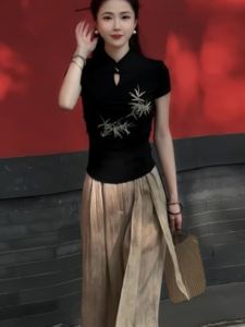 New Chinese Style Short Sleeve T-Shirt Top plus Wide Leg Pants Two-Piece Set Summer plus Size Womens Clothing Slimming Suit
