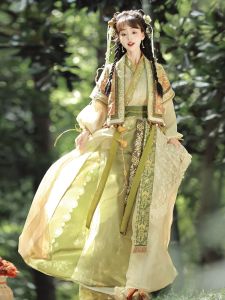 Original Xianggou Wind Hanfu Womens Element Collar Shirt Lapel Dress Eight Break Skirt Set Chinese Traditional Polyester Fiber