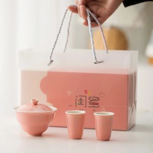 Pink Ceramic Gaiwan Travel Tea Set Portable Kung Fu Tea Maker Quick Cup for Home Car Office