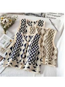 Spring 2022 New Arrival Plaid Vest Womens Artsy Style Short K-style Cardigan Jacket Bandage Dress Knitting Vest
