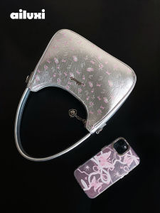 Lovejoy Womens Floral Print Underarm Moon Shape Shoulder Crossbody Bag Original Design Pink Silver Commuter Soft PU Leather