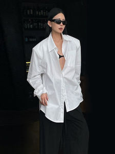 White Padded Shoulder Cotton Shirt Women Long Sleeve Loose Boyfriend Style Silhouette Womens Shirt Casual Loose Fit Shirt