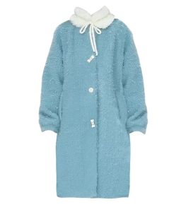 Sweet Blue Woolen Coat Women Winter Thickened Cotton Plaid Collar Medium Length Woolen Outerwear Casual Loose Fit Long Sleeve