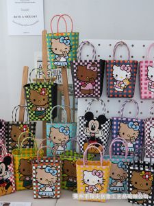 Hellkitty Cartoon Woven Basket Handbag Womens Beach Bag  Sweet Style No Inner Pockets Medium Size Fabric Material