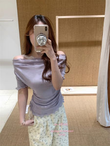 Summer Lace Splice Short Sleeve Knitted Top Womens Design Sensation Shoulder Exposure T-Shirt Unique And Exquisite Upper Body