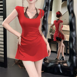 Ancient Capital Love K-style High Waist Short Princess Dress Red Lace Detailing Sweet and Spicy Neckline Summer Wear for Women