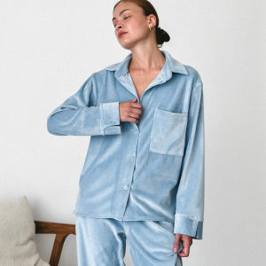 Elegant Blue Knitted Velvet Pants Pajamas Sets 2 Pieces Autumn Long Sleeve Pockets Shirts Solid Long Pants Sleepwears