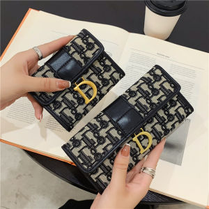Special-Interest Design Canvas Wallet Womens Short Korean Buckle Letters Print Folding Multi-Card-Slot Long Clutch