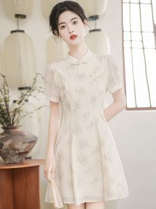 New 2025 Chinese Style Qipao Dress Young Gentle Girl Short Size Retro Print Zipper High Waist Bubble Sleeve Short Skirt X Shape