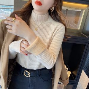 Womens Knitted Half High Collar Sweater Fleece Lined Warmth Inner Wear Thickened Knitwear Autumn Winter New Style Commute Straight Tube