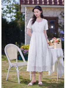 WANGGONGZHU | Princess Style Short Sleeve Lace A-Line Dress V-Neck Summer New White Texture Sensation Womens Dress Elegant French Atmosphere