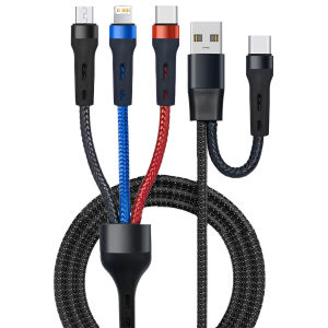 Multi-ports 2-in-3 USB PD Fast Charger Cable USB Universal Charging Cable for iPhone Xiaomi Samsung Phone Tablet Braid Data Wire