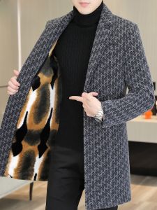 HENGYUANXIANG | Hengyuanxiang 2025 Mens Plaid Woolen Coat Mid-Length Thickened Autumn Winter Fleece Lined Fashionable Urban Style Windbreaker