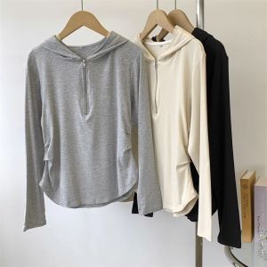 2025 New Womens Long Sleeve Hoodie T-shirt Half Zipper Thread Base Layer Casual Short Top Waist Cinched Pleated Commute Style