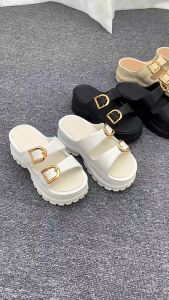 STOMPION Korean Sandals For Women Two Strap Sandals Platform Sandals Flat Sandals White Slippers 7CM