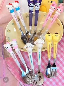 (READY STOCK) Set Sudu Capybara Stitch Garfu Budak Sekolah Stainless Steel Spoon Fork Travel Cutlery Set Lunchbox 儿童餐具盒