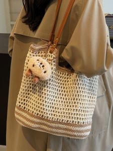 Summer Cotton Yarn Woven Large Capacity Commuter Tote Bag Beach Vacation Single Shoulder Bag Versatile Korean Style Handbag