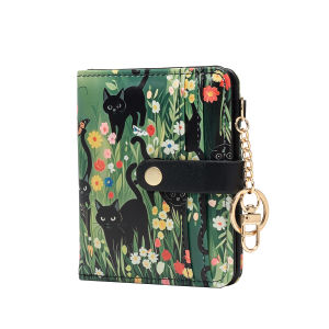 Black Cat Flower Pattern Rfid Womens Wallet Ultra-Thin Compact Credit Card Wallet with Key Chain Pu Leather Folded Zipper Coin Bag Id Card Transparent Window Suitable for Women/Girls/Girls