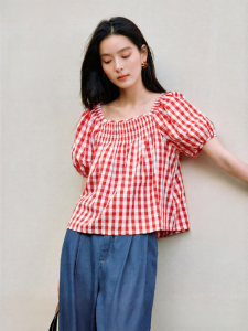 INMAN | Salt Style Sweet Waist Shaping Puffy Sleeve Gingham Blouse