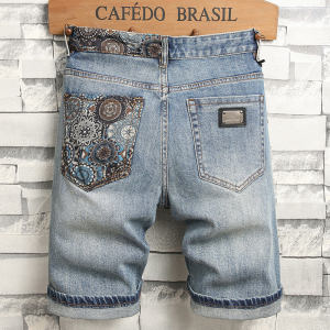 Mens Summer Thin Five-Quarter Denim Shorts Youth Fashion Cotton Polyester Blend Wear Resistant Straight Leg Zipper Fly Jeans