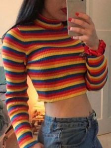 Áo Thun Dài Tay Ôm Vừa Vặn Ngắn Sọc Cổ Cao Thường Ngày Mùa Thu Phong Cách Đường Phố Chất Liệu Khác Không Thương Hiệu