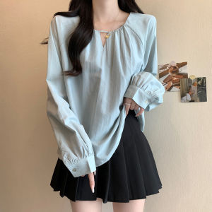 เสื้อเชิ้ตคอวีแขนยาวสไตล์เกาหลีสำหรับผู้หญิงไซส์ใหญ่ในฤดูใบไม้ร่วง เสื้อเชิ้ตทรงหลวมๆ ปกปิดหน้าท้อง เสื้อเชิ้ตทรงเข้ารูปแบบลำลอง