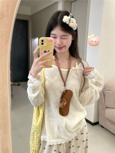 Summer Lace Trim Sunshade Cover up Long Sleeve T Shirt Women Butterfly Knot Two Wear Thin Loose Shoulder Bared Top