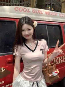 Áo Thun Cotton Cổ Chữ V Tay Ngắn in Họa Tiết Mùa Hè Cho Nữ Áo Bóng Chày Ôm Vừa Vặn Áo Thun Ren Áo Thun Thể Thao