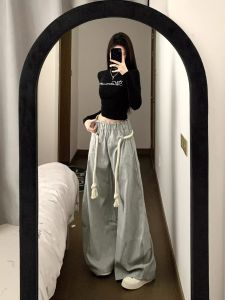 Gray American Retro Wide Leg Knife Shape Loose Casual Street Dance Sports Pants Womens High Waist Harlan Pants Polyester Fiber