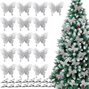 10Pcs Christmas Butterfly Decor Glitter Hollow Butterfly With Clips Xmas Tree Hanging Decor Home New Year 2025 Navidad Tree Deco